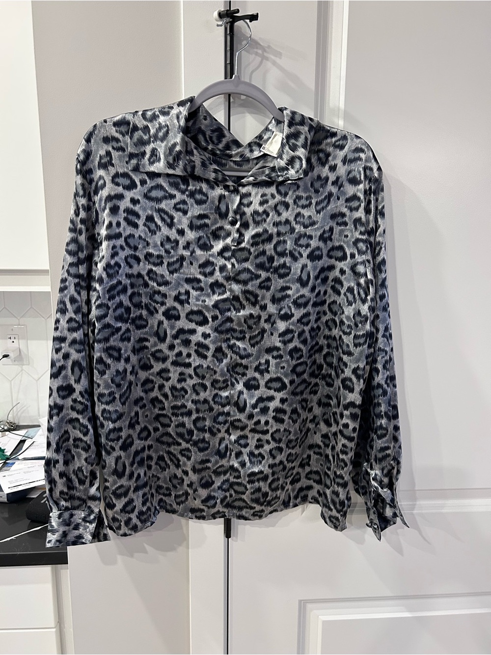 Bianca Black Gray Leopard Animal Print Button Up LongSleeve Blouse Top Statement